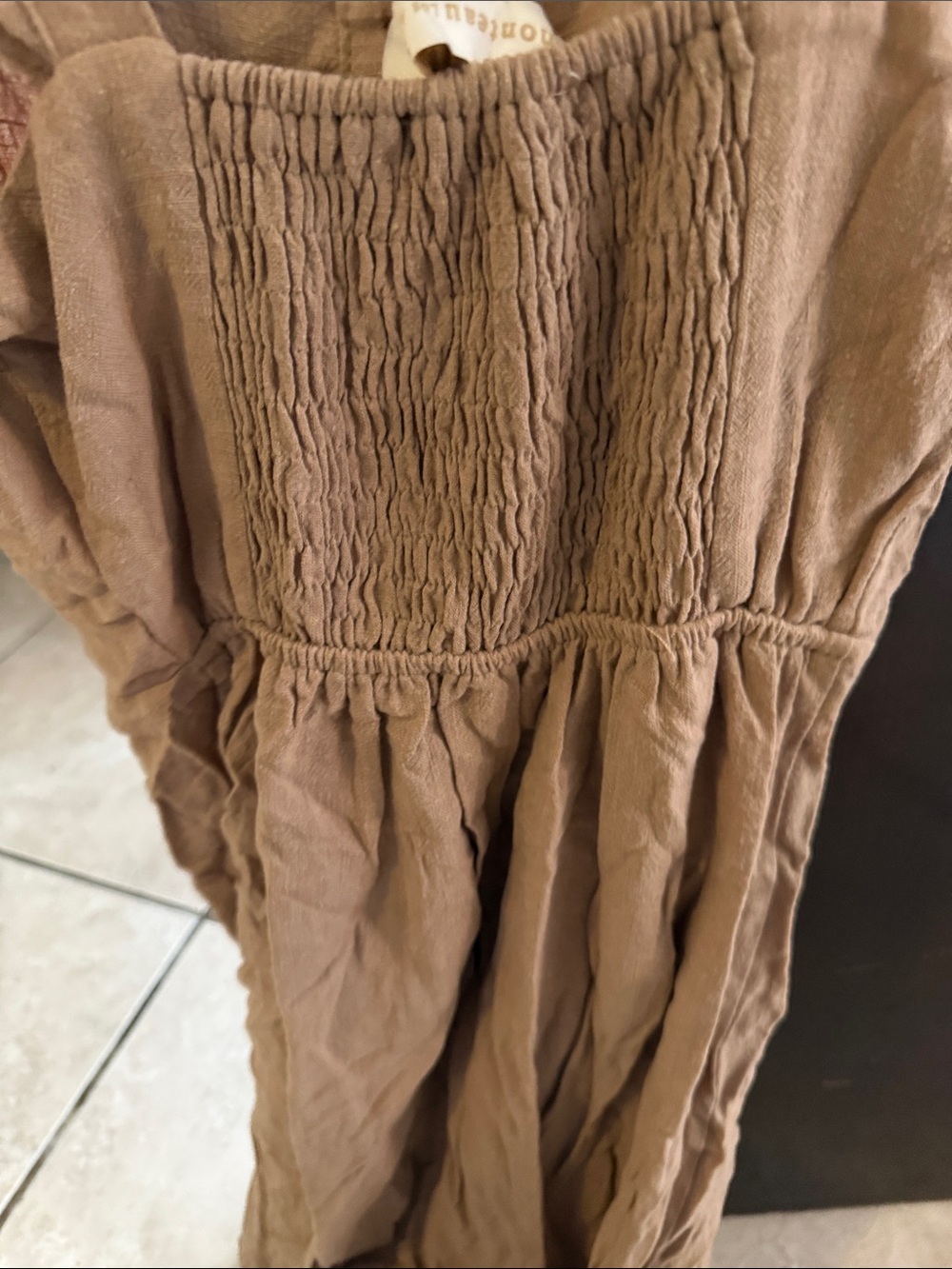 Ruffled-Strap Button-Front Midi Dress in Tan - Picture 6 of 7